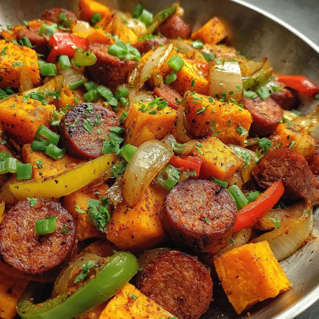 Close-up of caramelized sweet potato and sausage pieces in a skillet