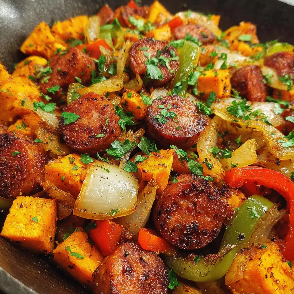 Served plate of Cajun sausage hash with parsley garnish