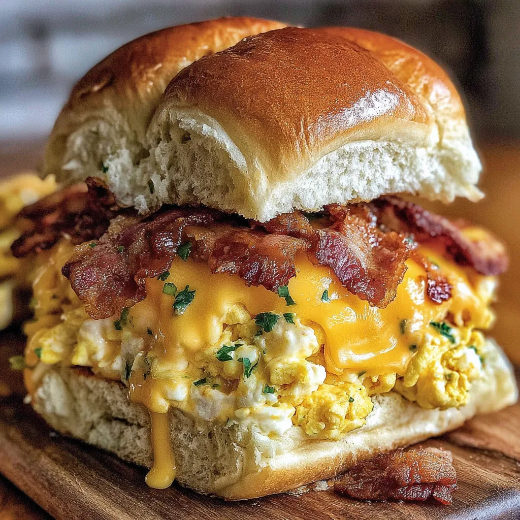 Close-up of melty bacon egg and cheese sliders being pulled apart
