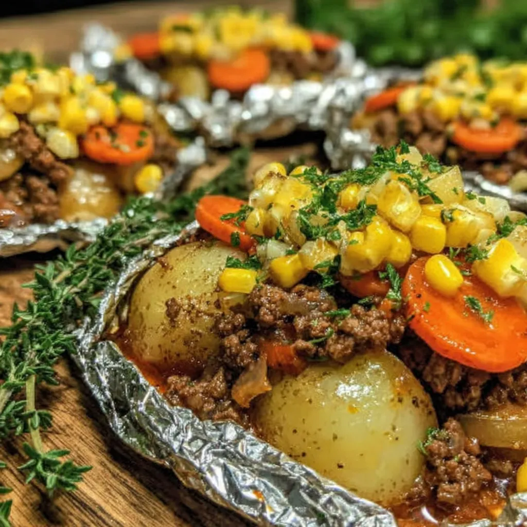 Assembled foil packet with layers of potatoes, onions, carrots, and beef ready to bake