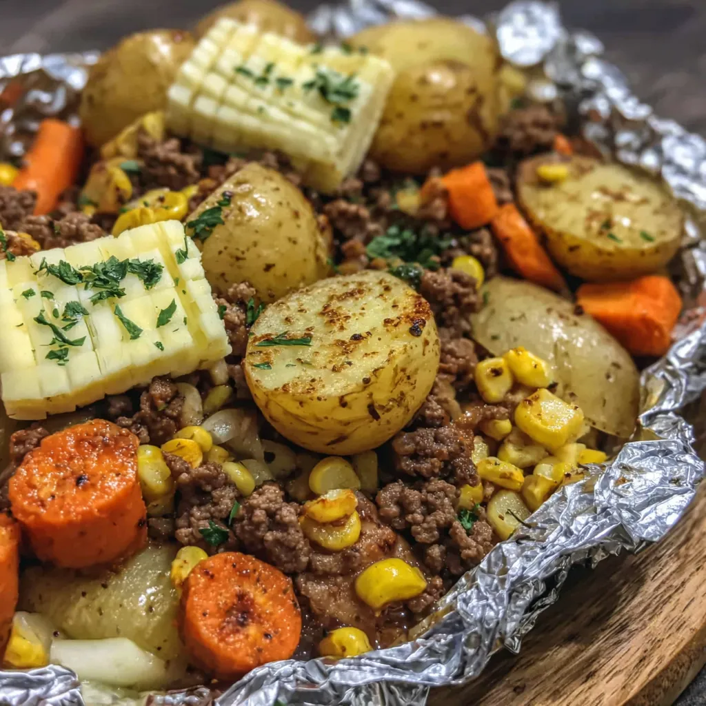 Opened foil packet showing tender potatoes, carrots, corn, and seasoned beef with melted butter