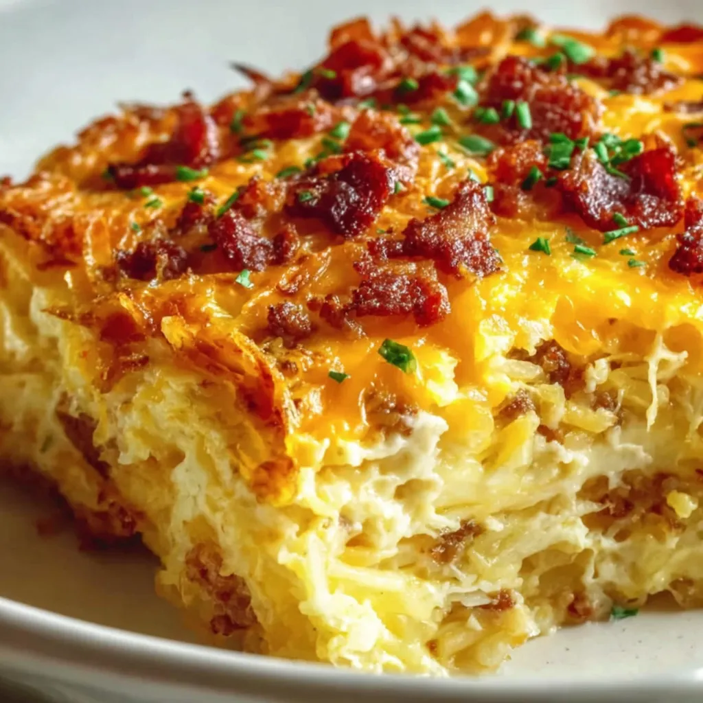 Sliced serving of breakfast casserole on a plate with sour cream and chives