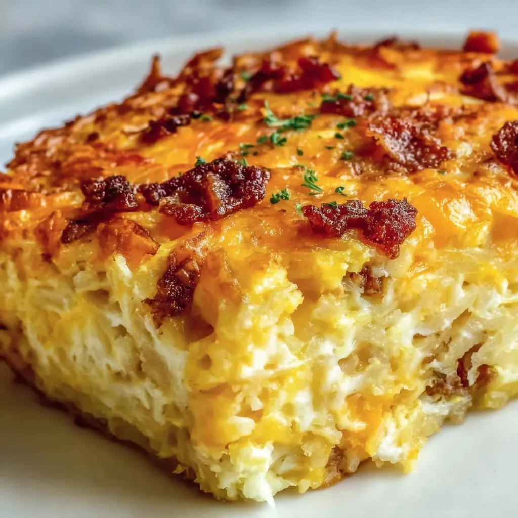 Close-up of the cheesy crust and creamy interior of the breakfast bake