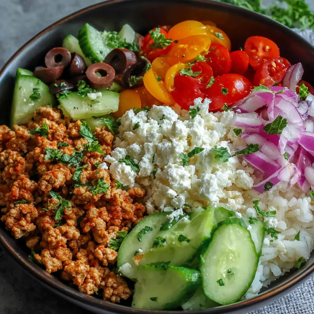 Bowl components laid out: turkey, rice, herbs, and Greek toppings