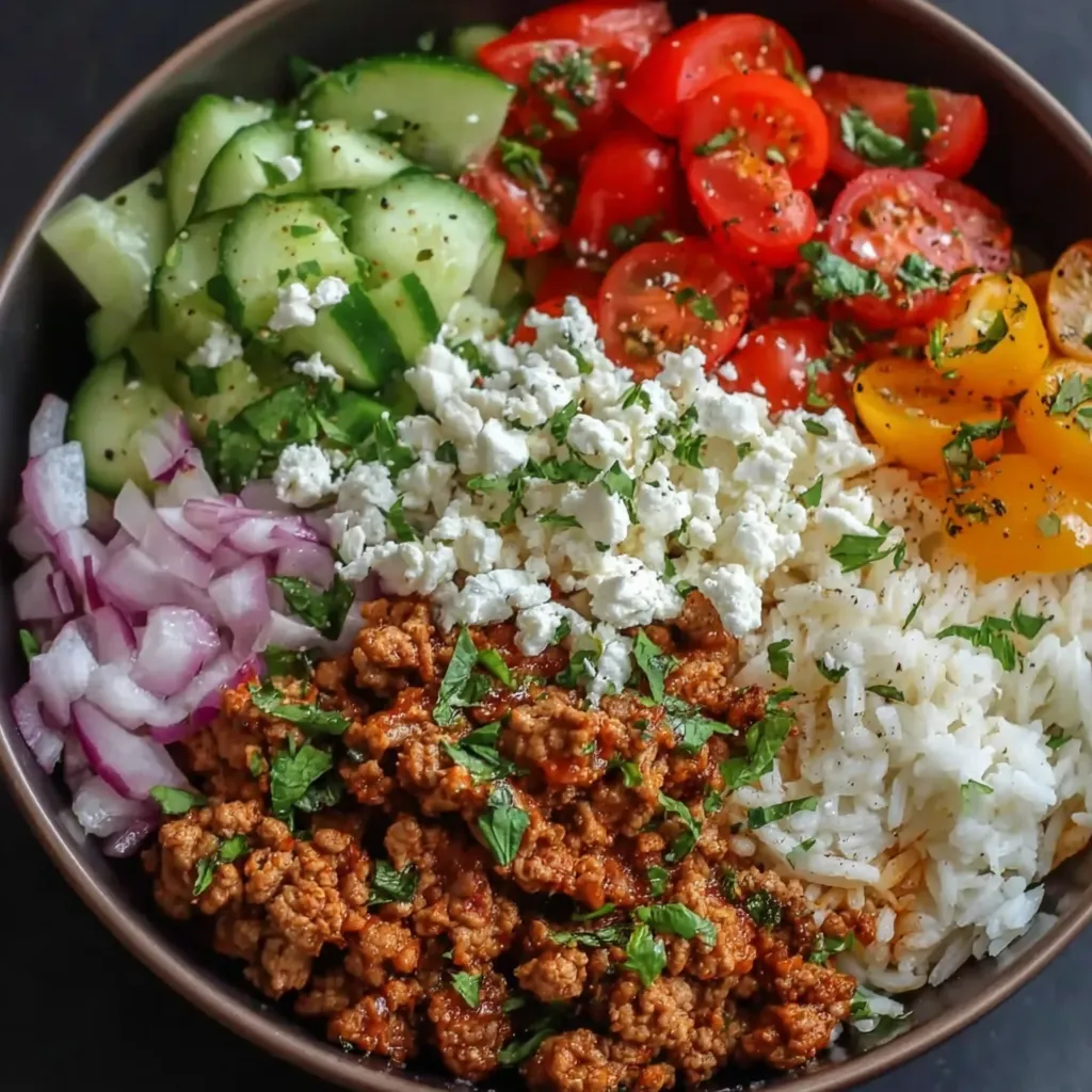 Finished Greek turkey rice bowl with lemon wedges and parsley
