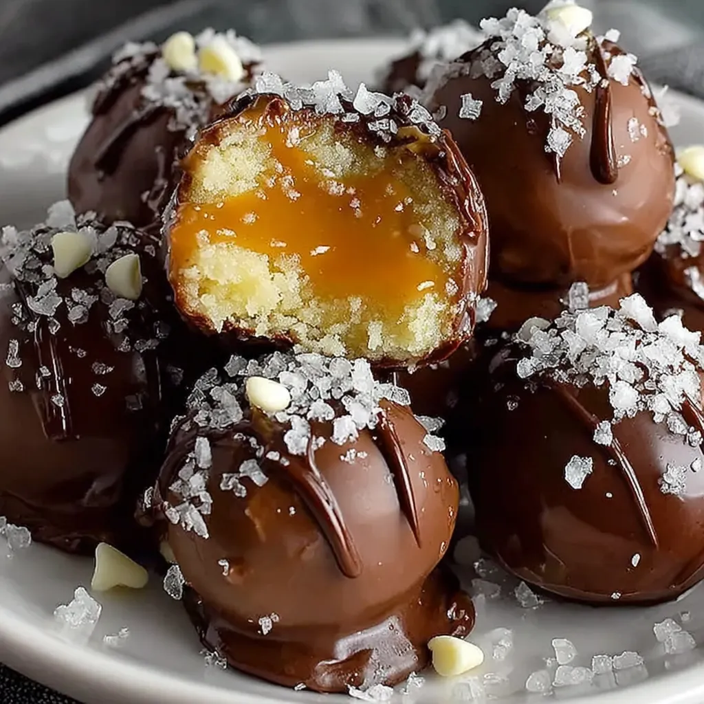 Assorted salted caramel truffles arranged in paper cups on a serving tray