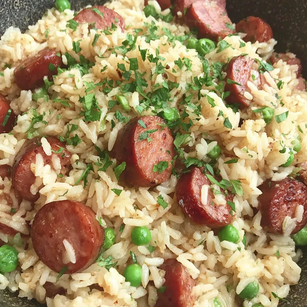 Close-up of browned kielbasa slices and fluffy rice with peas