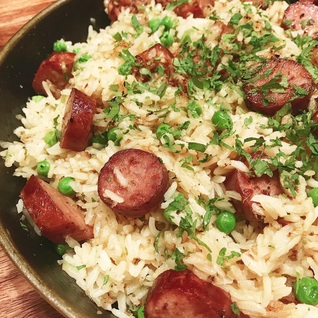 Serving bowl filled with kielbasa rice skillet and fresh herbs