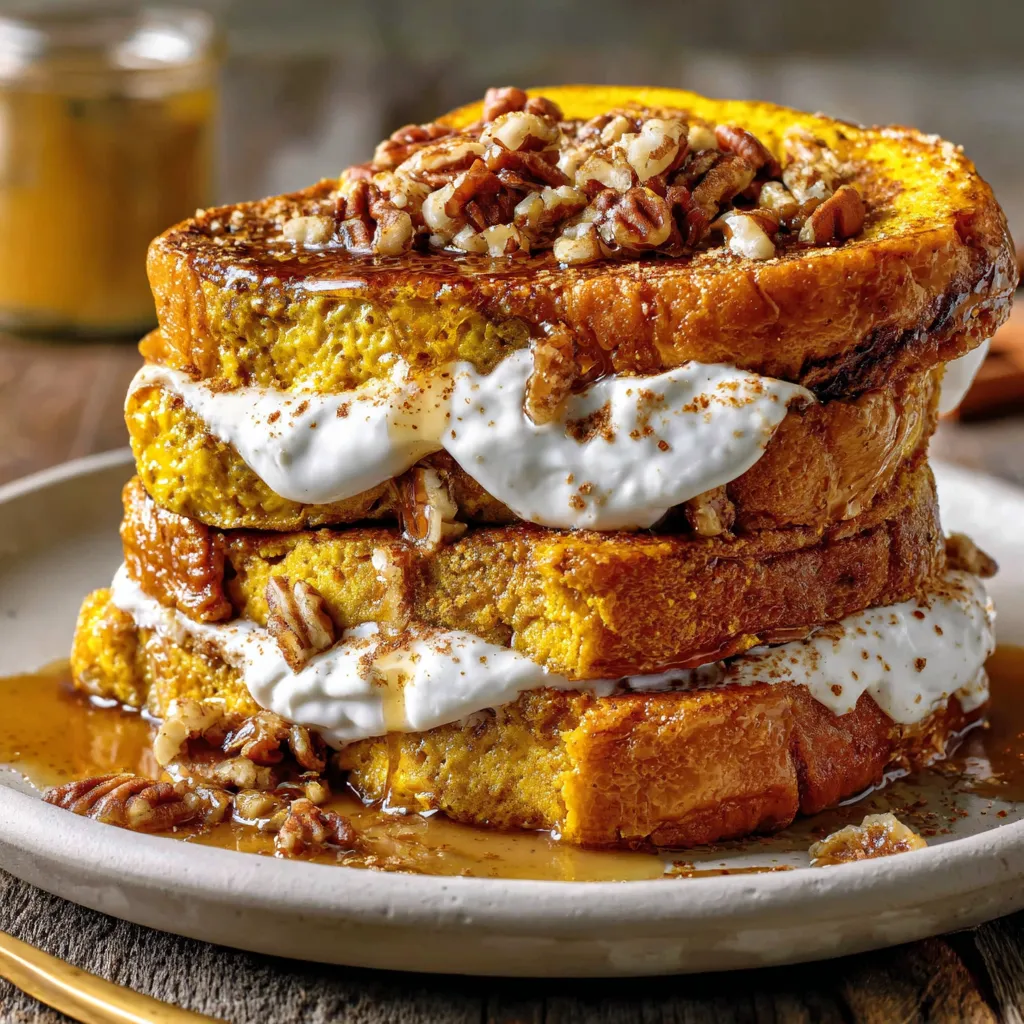 Creamy pumpkin filling being spread between slices of bread