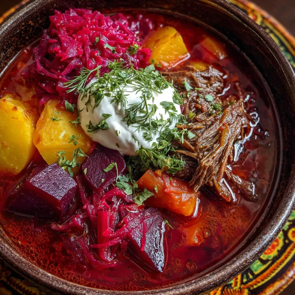 User provided content image showing ladled borscht with cabbage, potatoes, and beef