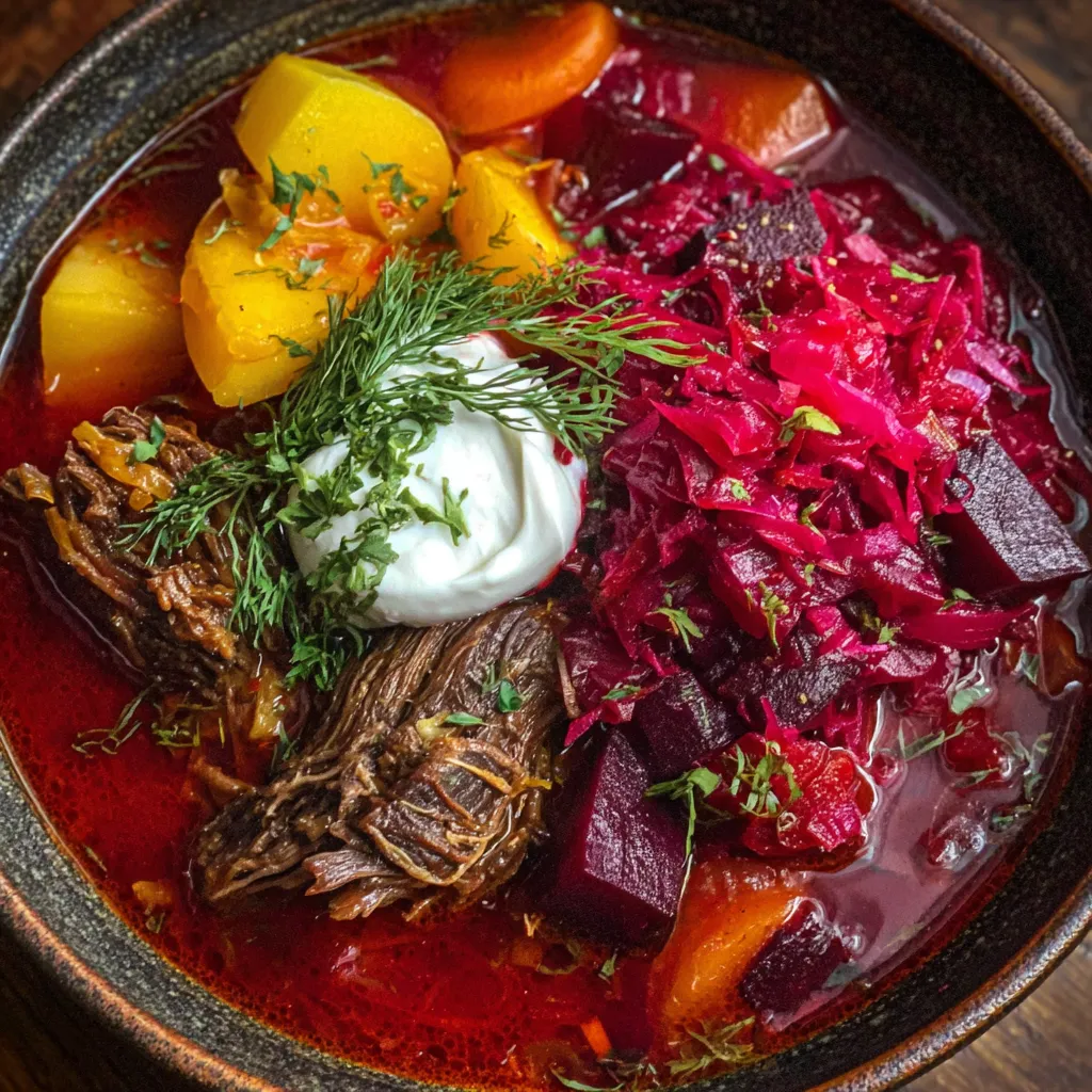 User provided content image of borscht garnished with dill and sour cream on a wooden table