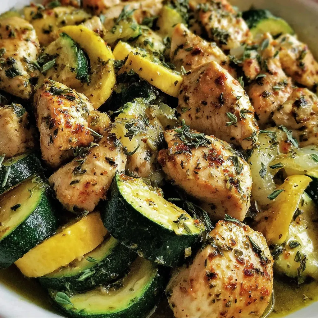 Serving suggestion: baked chicken and zucchini over rice with fresh herbs