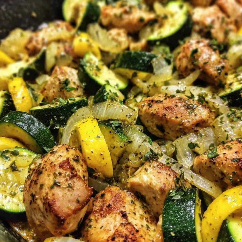 Close-up of roasted chicken and zucchini with caramelized edges
