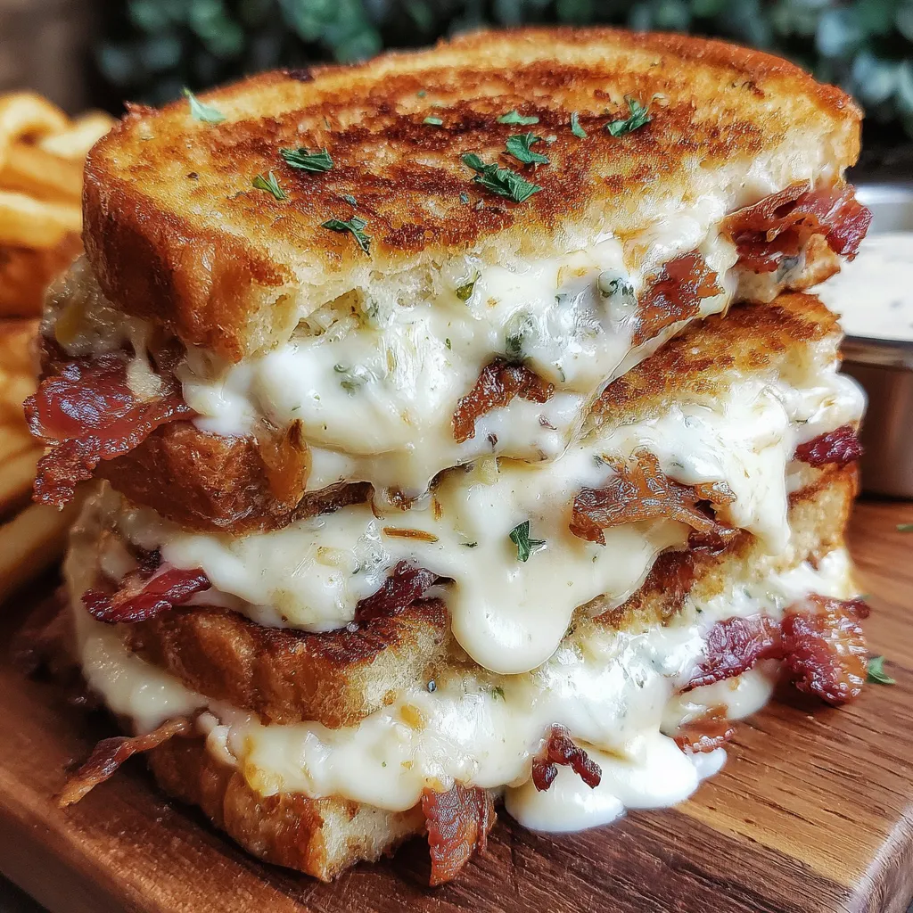 Close-up of melted cheese stretch in bacon ranch toast