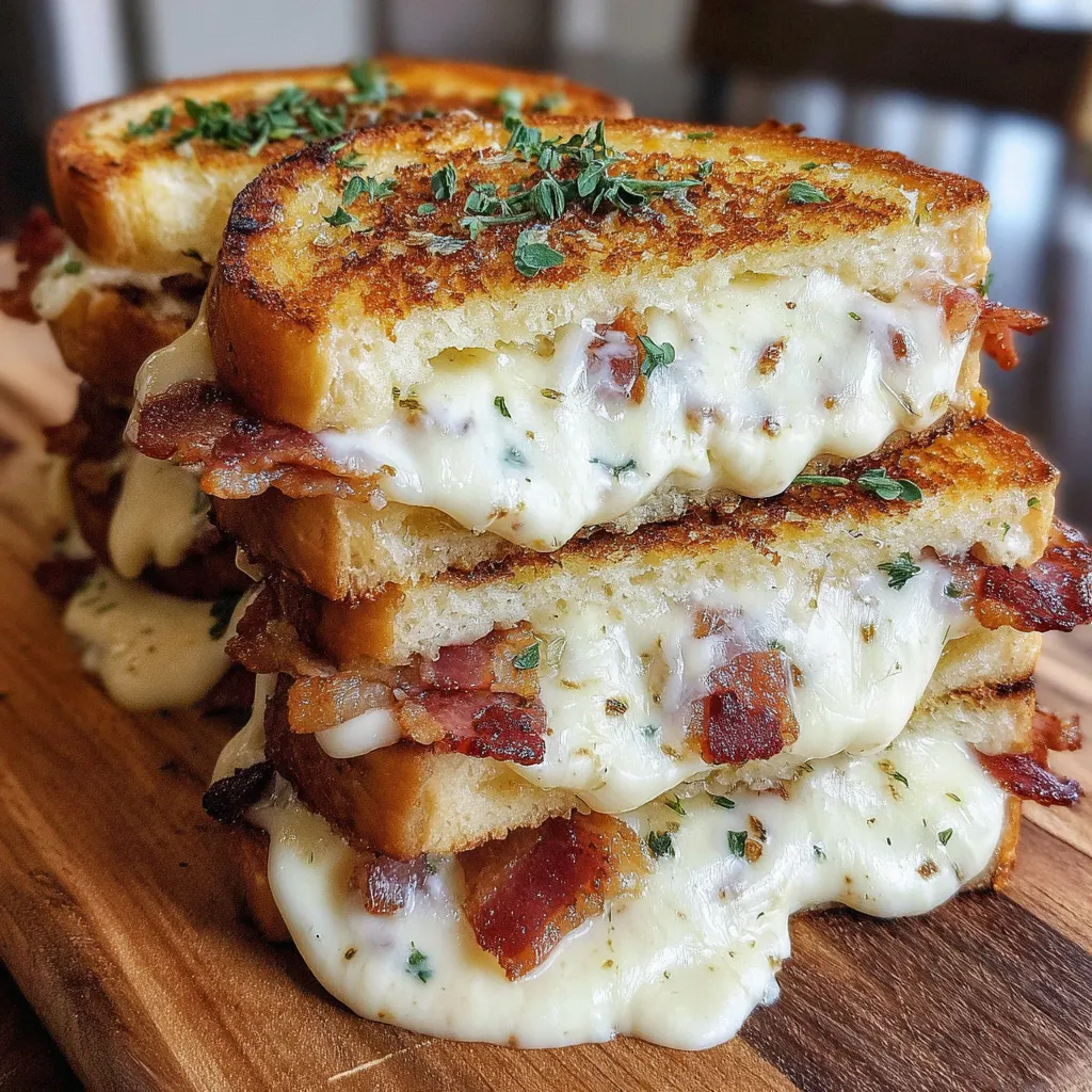 Stacked halves of bacon ranch toast showing layers of cheese and bacon