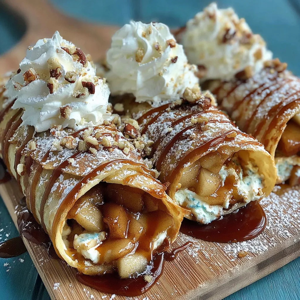 Close up of caramelized apples and vanilla cream cheese inside a toasted waffle roll up