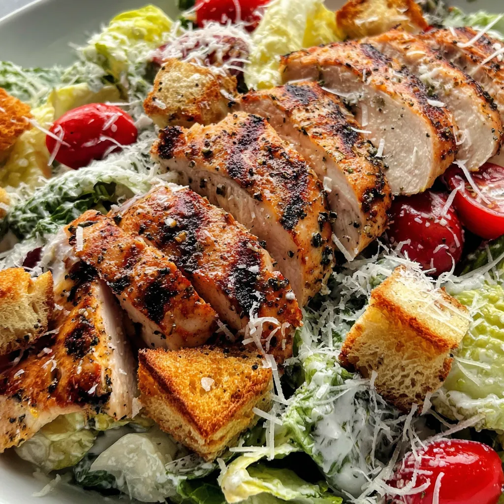 Grilled chicken being sliced on a cutting board for Caesar salad