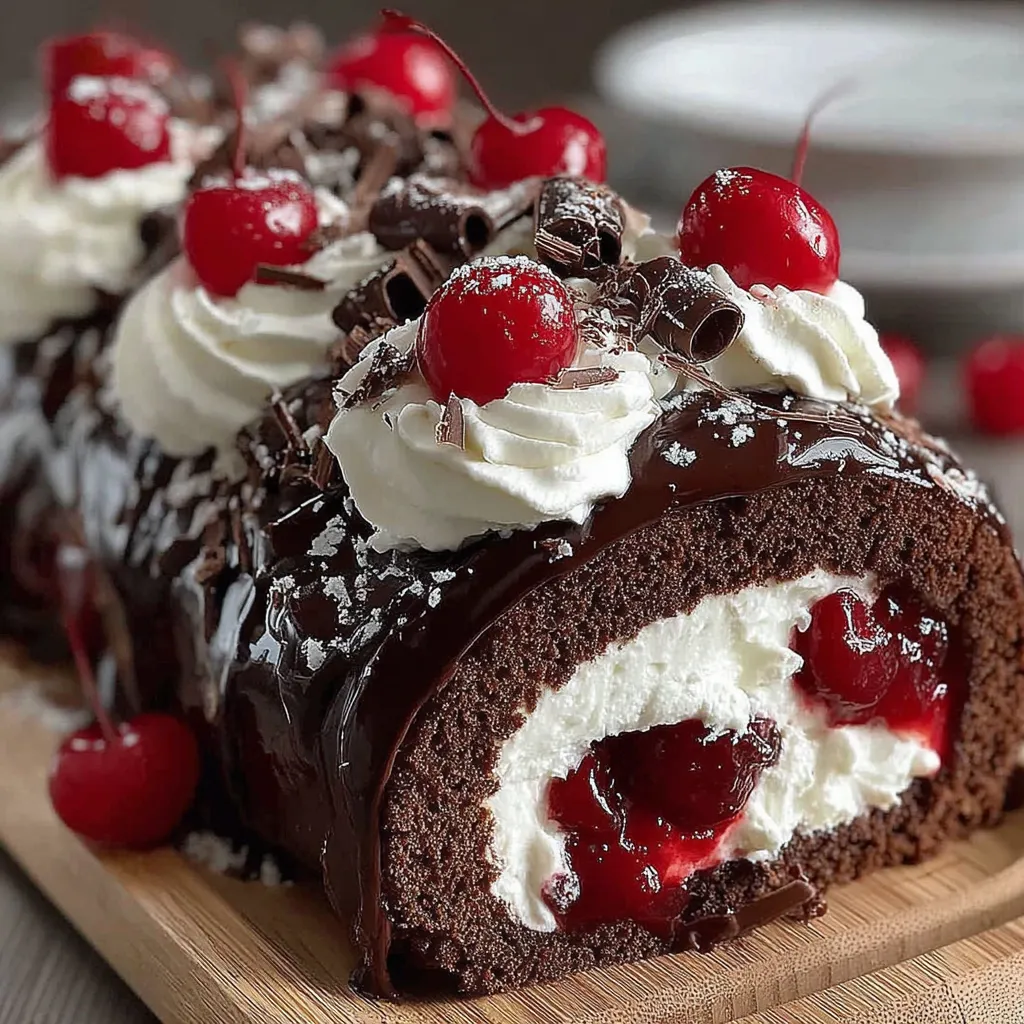 Spreading cherry whipped cream on a chocolate sponge before rolling