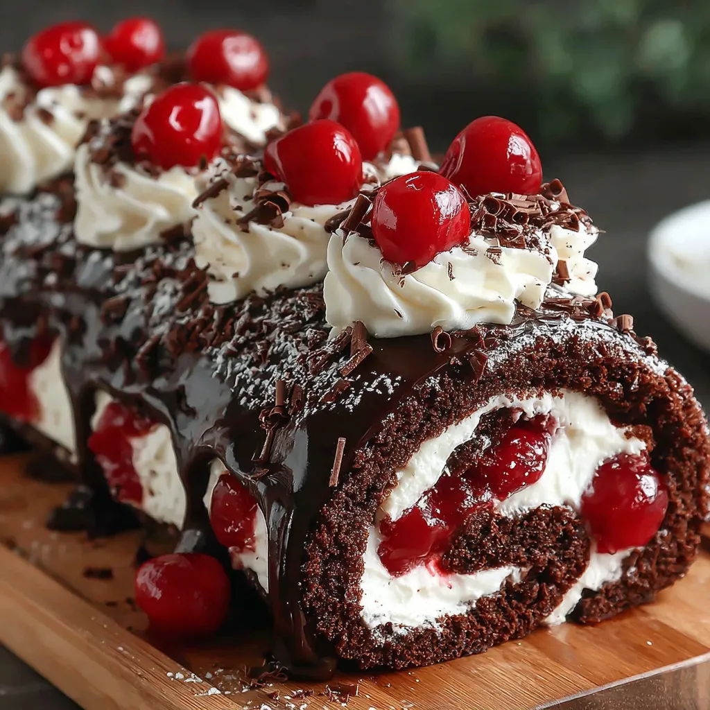 Finished Black Forest cake roll with glossy chocolate ganache and cherries