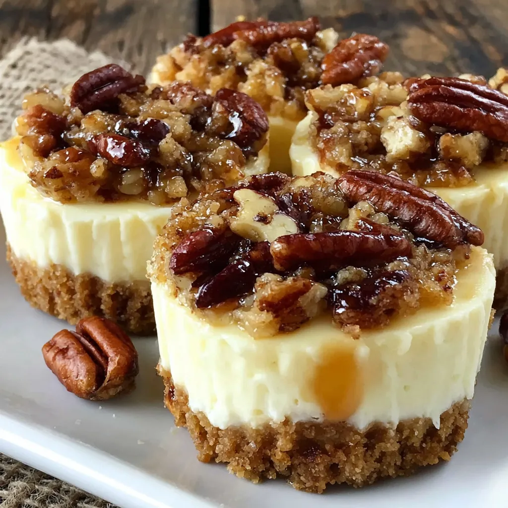 Glossy pecan topping being spooned over a chilled mini cheesecake