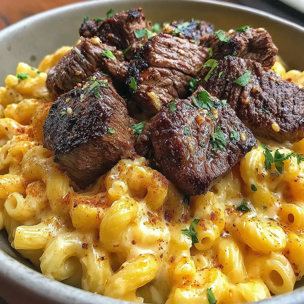 Garlic Butter Steak Mac Cheese