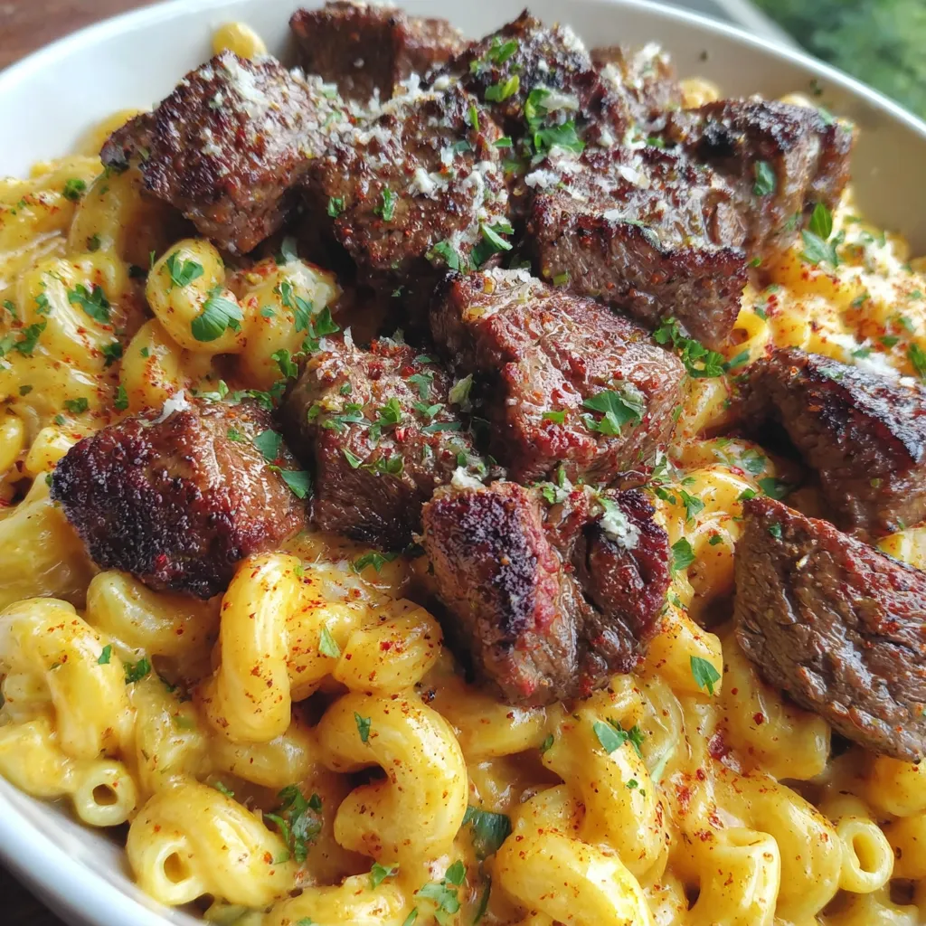 Garlic butter steak bites served over golden-topped baked mac and cheese