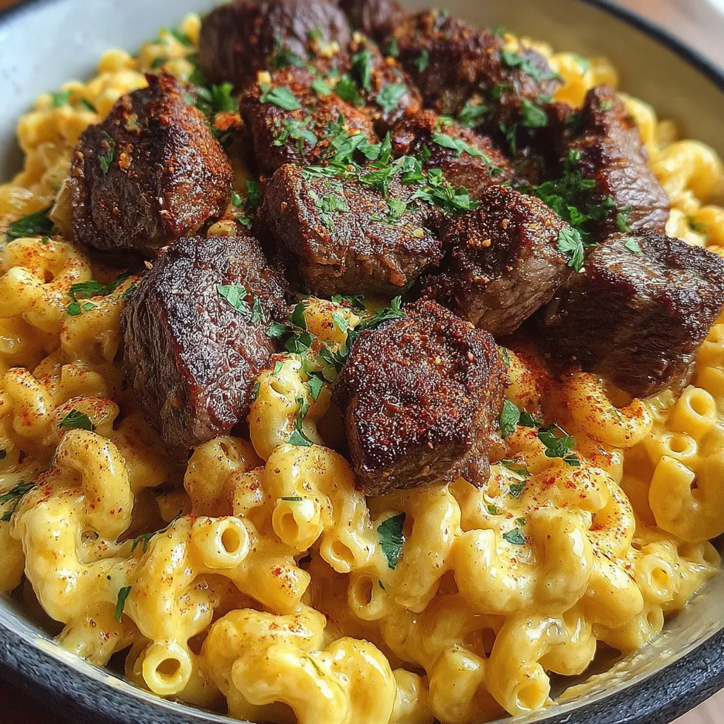 Close-up of creamy mac and cheese with seared steak bites