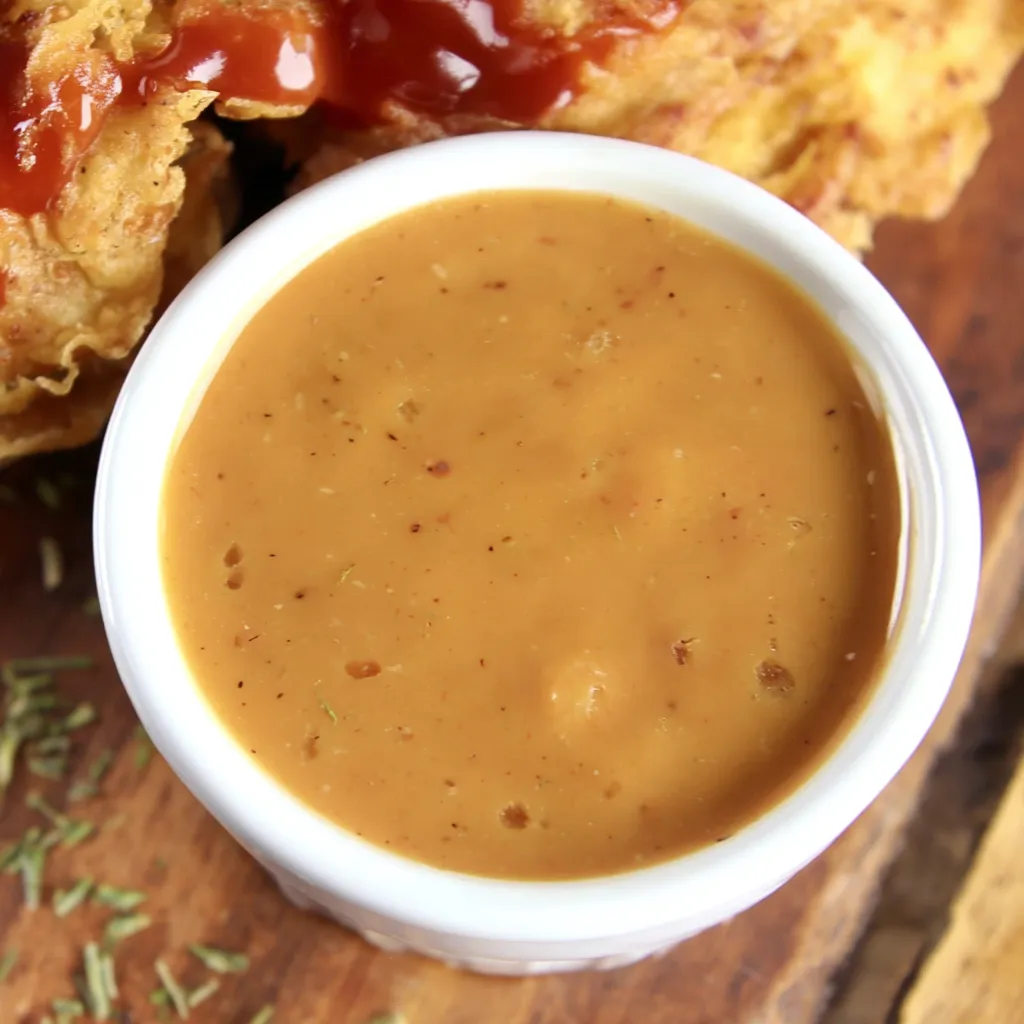 Jar of copycat Chick Fil A sauce with spoon and nuggets