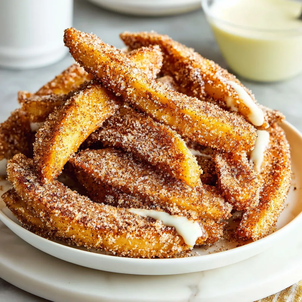 Crispy air fryer apple fries with cinnamon sugar and vanilla icing dip