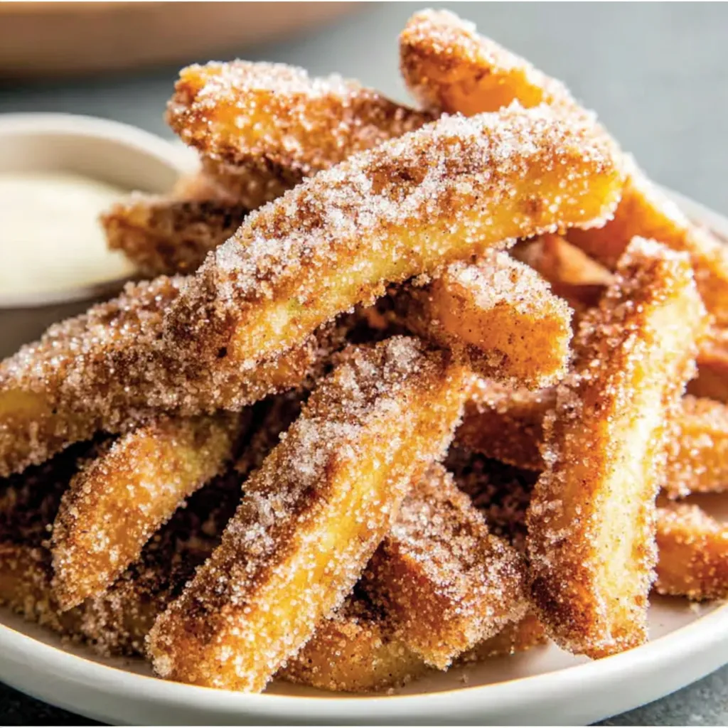 Close-up of cinnamon sugar apple fries drizzled with vanilla glaze