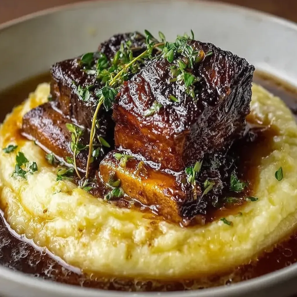 Braised short ribs with garlic mashed potatoes on a platter with glossy sauce