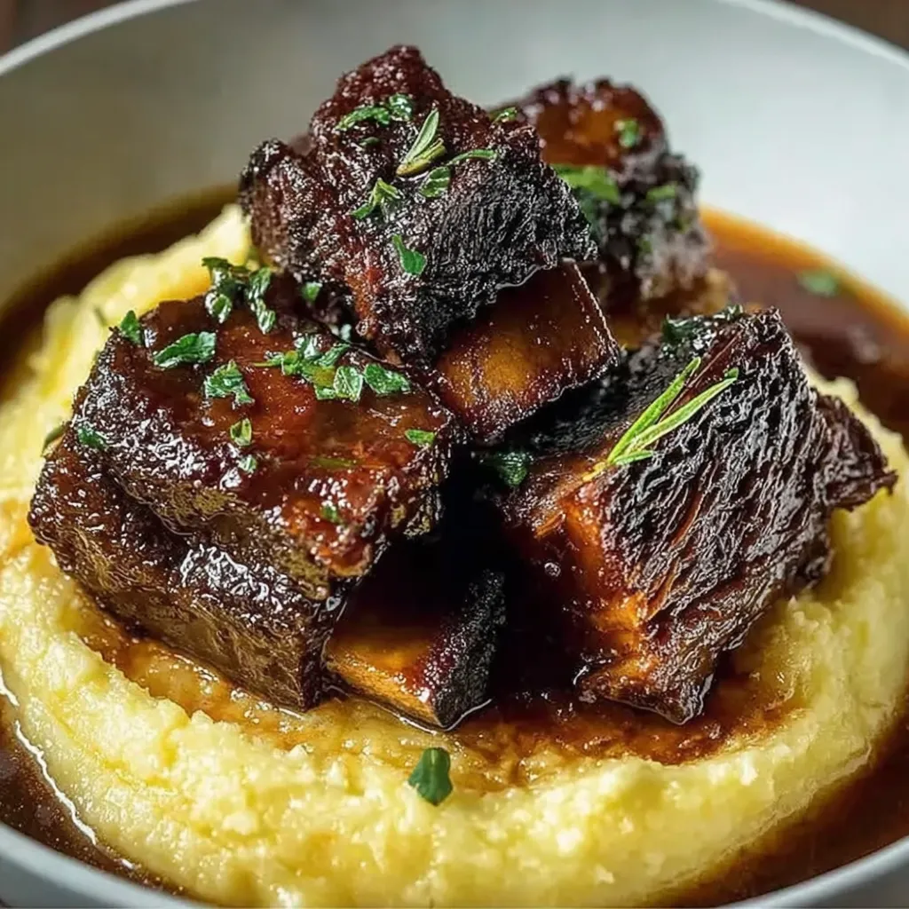 Close-up of tender braised short ribs with herbs in a Dutch oven