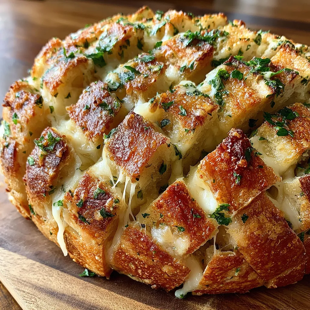Cheesy garlic pull-apart bread with parsley on a serving board
