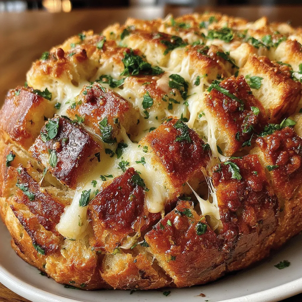 Hands pulling apart cheesy garlic bread