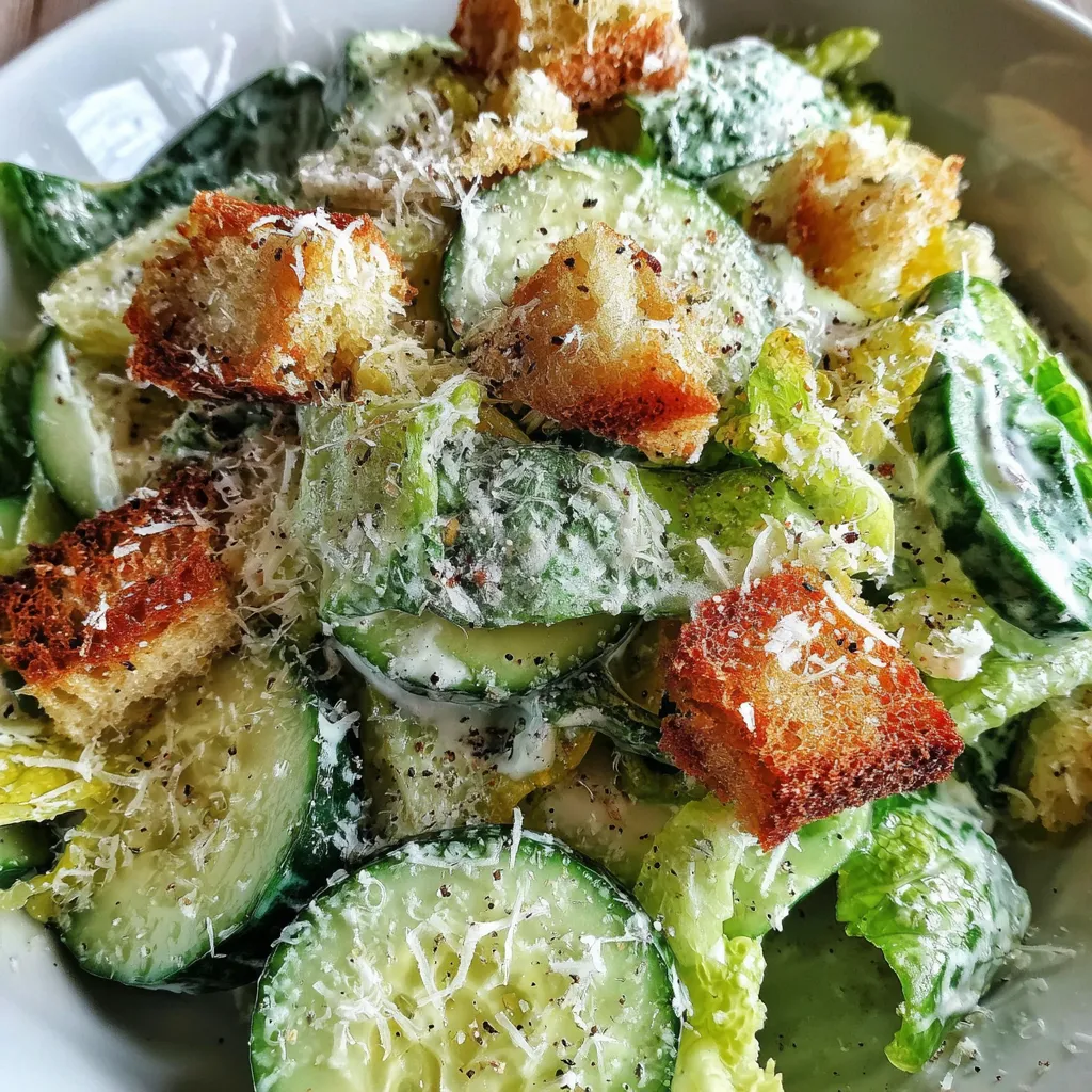 Bowl of cucumber Caesar salad being tossed with dressing and croutons