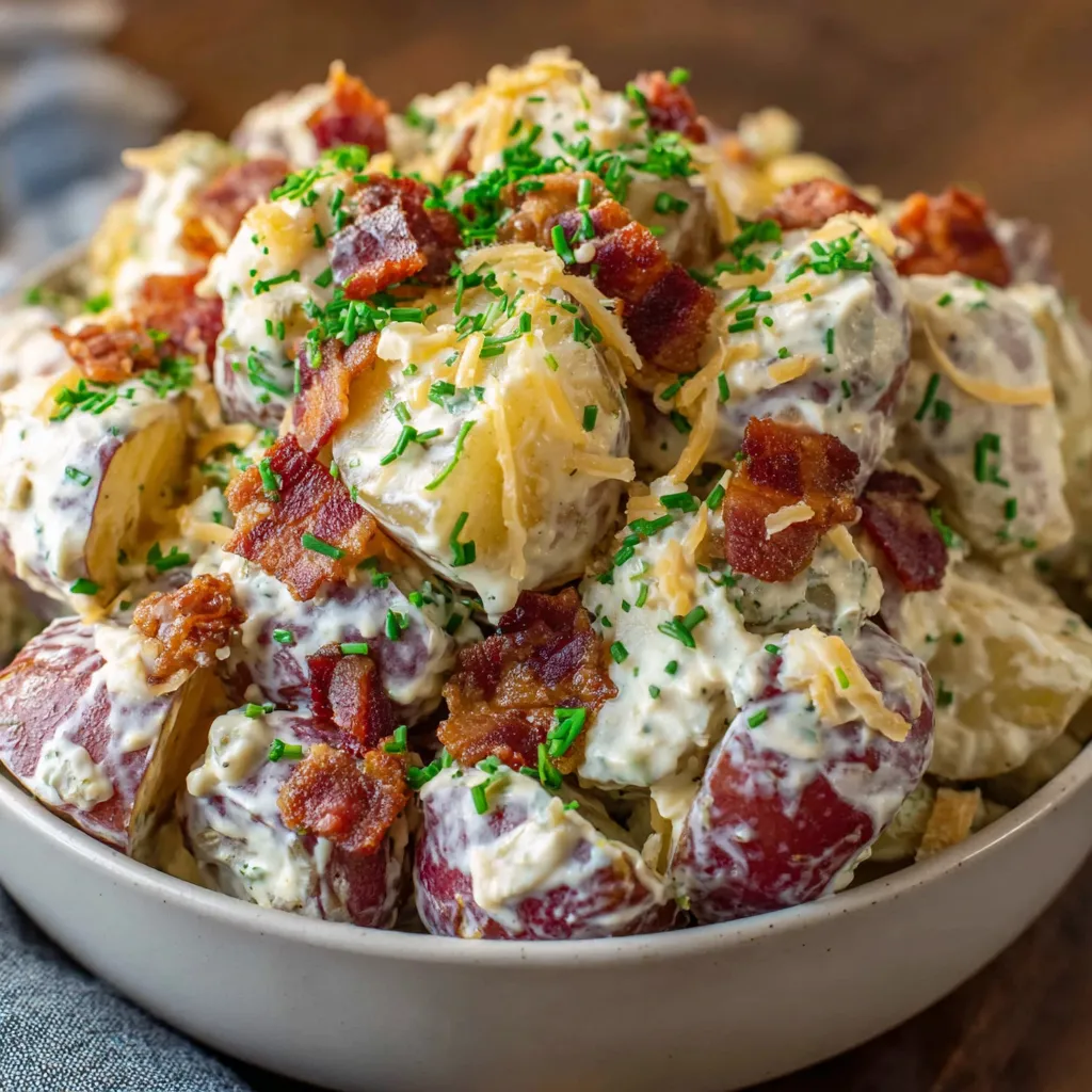 Close-up of creamy potato salad with bacon, cheddar, and chives