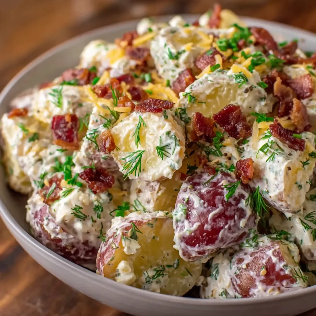 Serving bowl of loaded potato salad on a picnic table