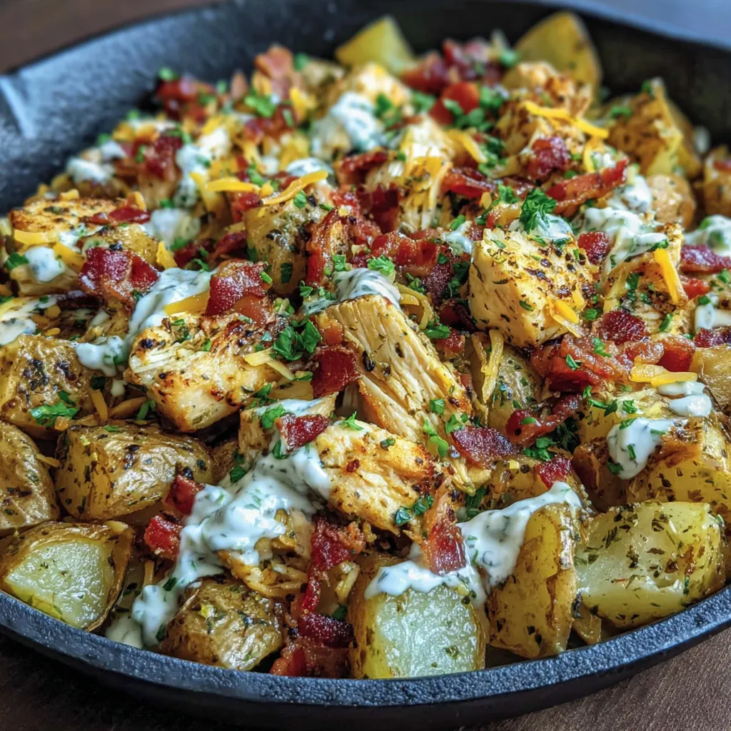 Serving suggestion with garnished cheesy chicken, bacon, and potato bake on a plate