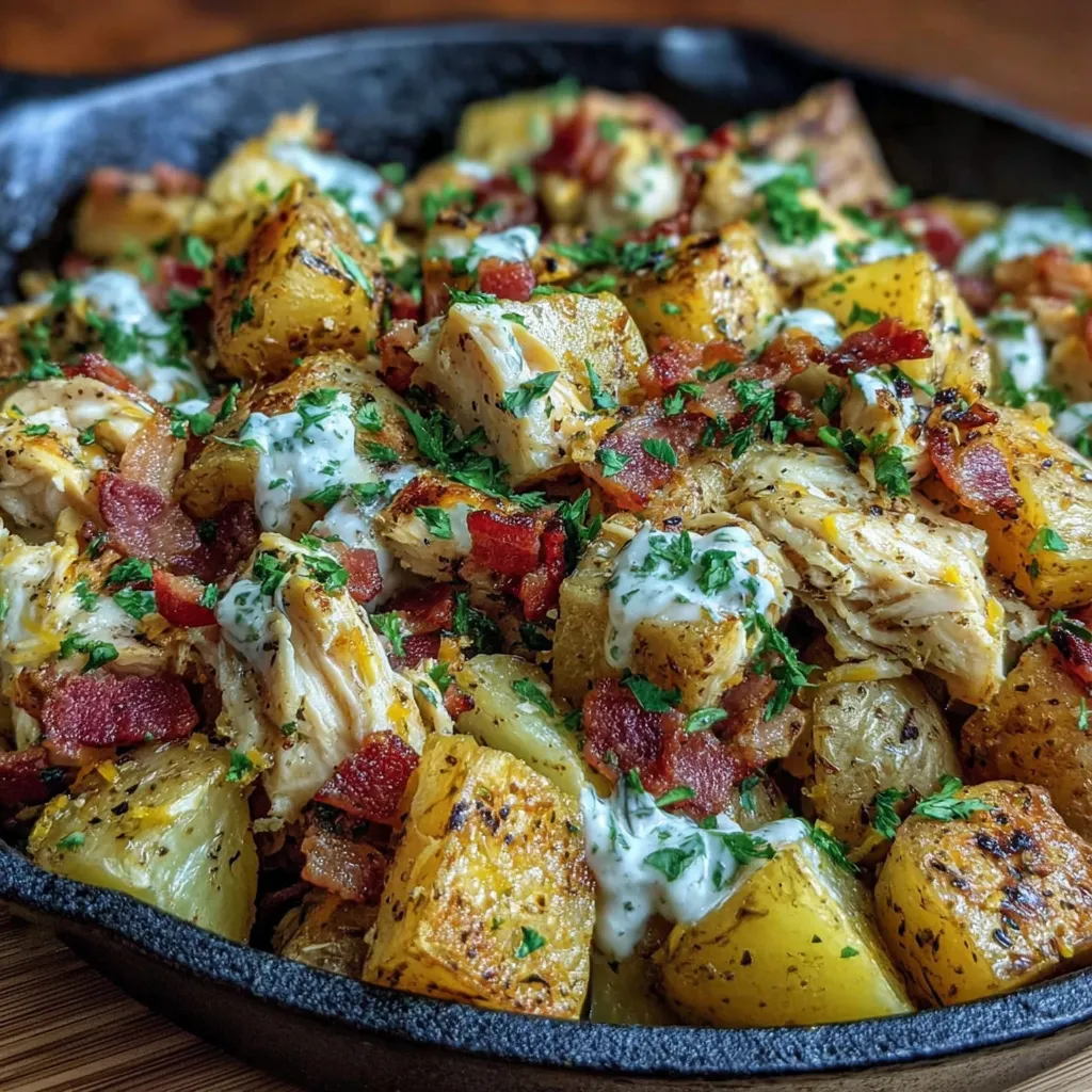 Close-up of golden potatoes and melted cheddar with turkey bacon
