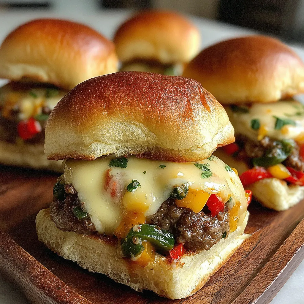 Close-up of melted queso being spooned over cheeseburger sliders