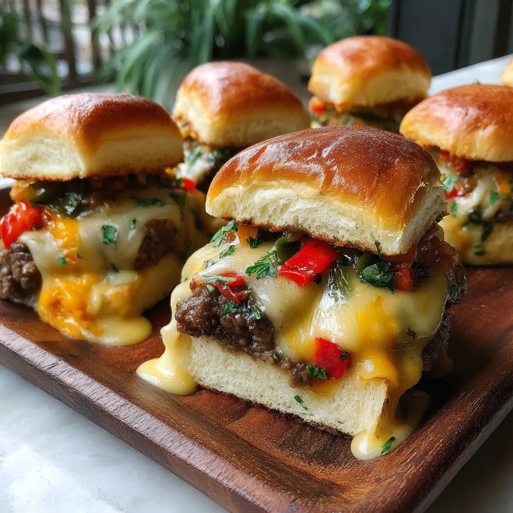 A tray of cheeseburger queso sliders with peppers and aioli