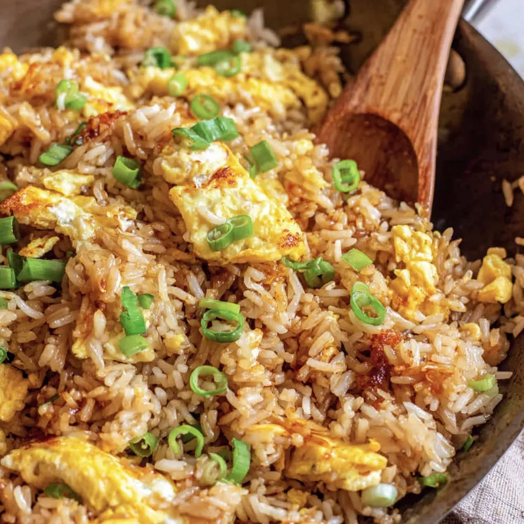Close-up of spicy egg fried rice with chili and scallions