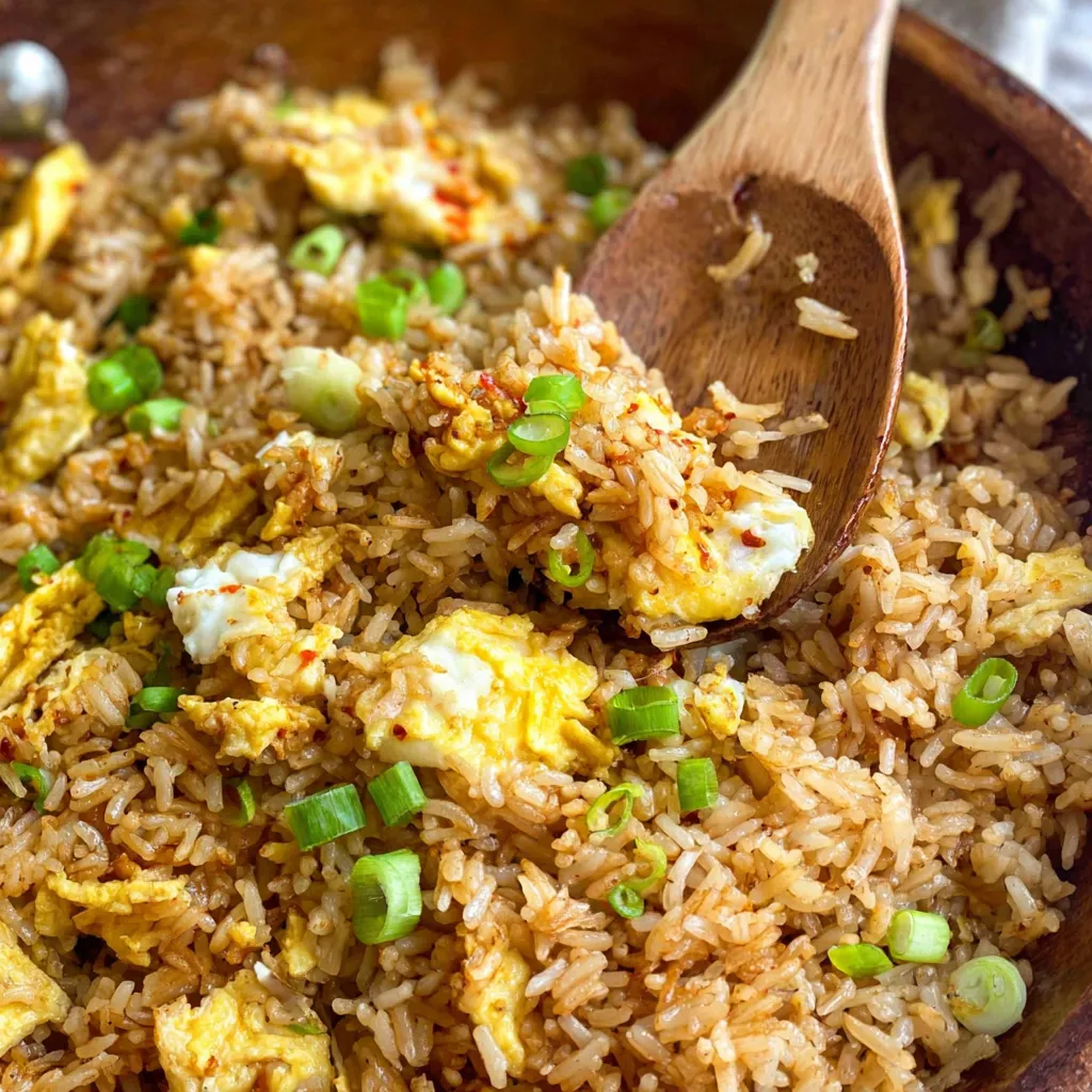 Wok tossing spicy egg fried rice over high heat