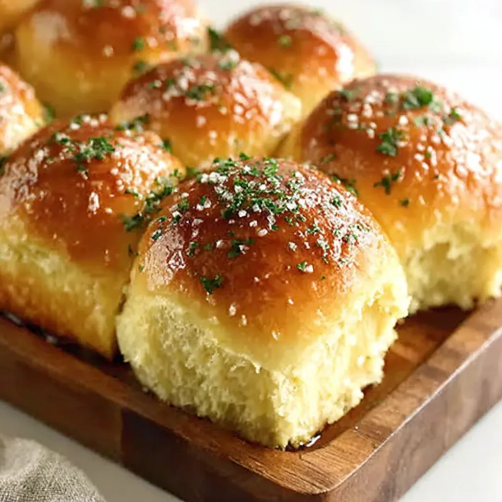 Freshly baked garlic butter dinner rolls in a pan, brushed and glistening