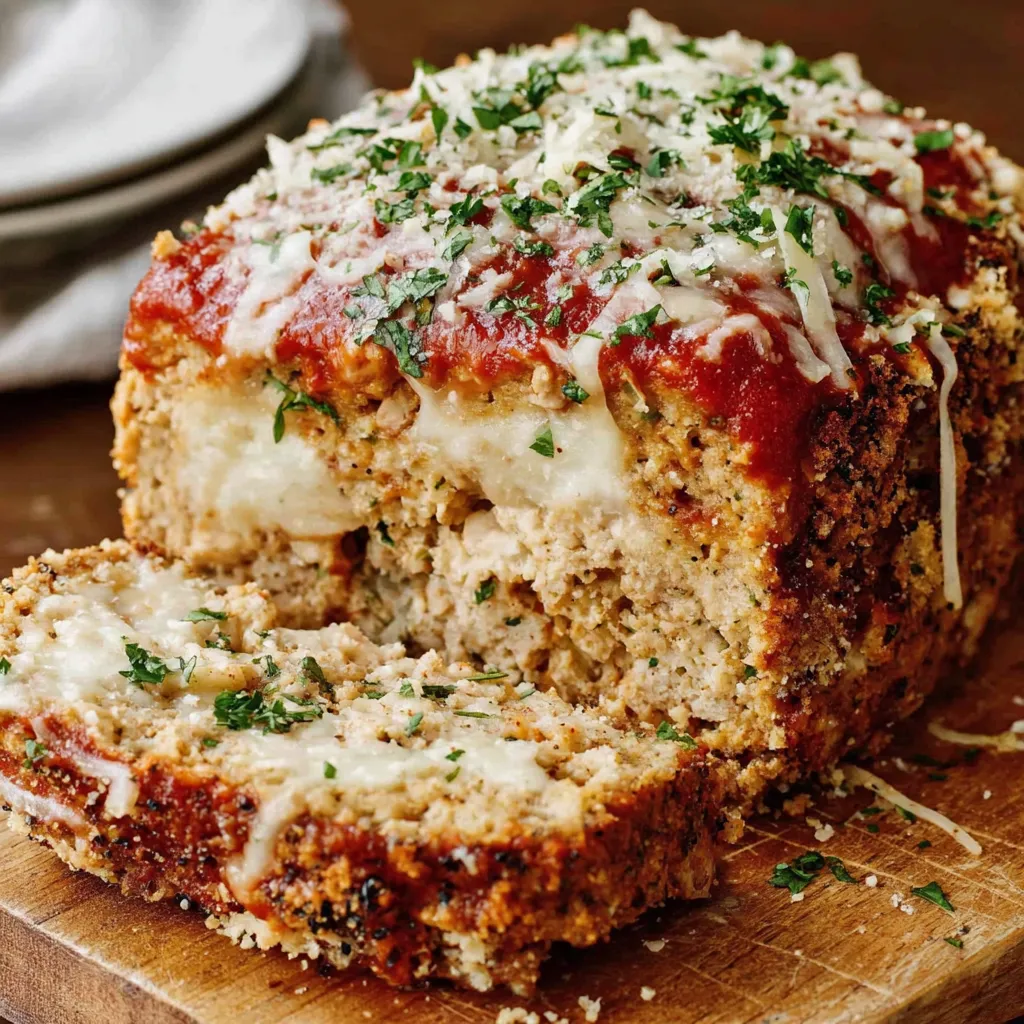 Sliced Parmesan chicken meatloaf with cheesy center on a cutting board