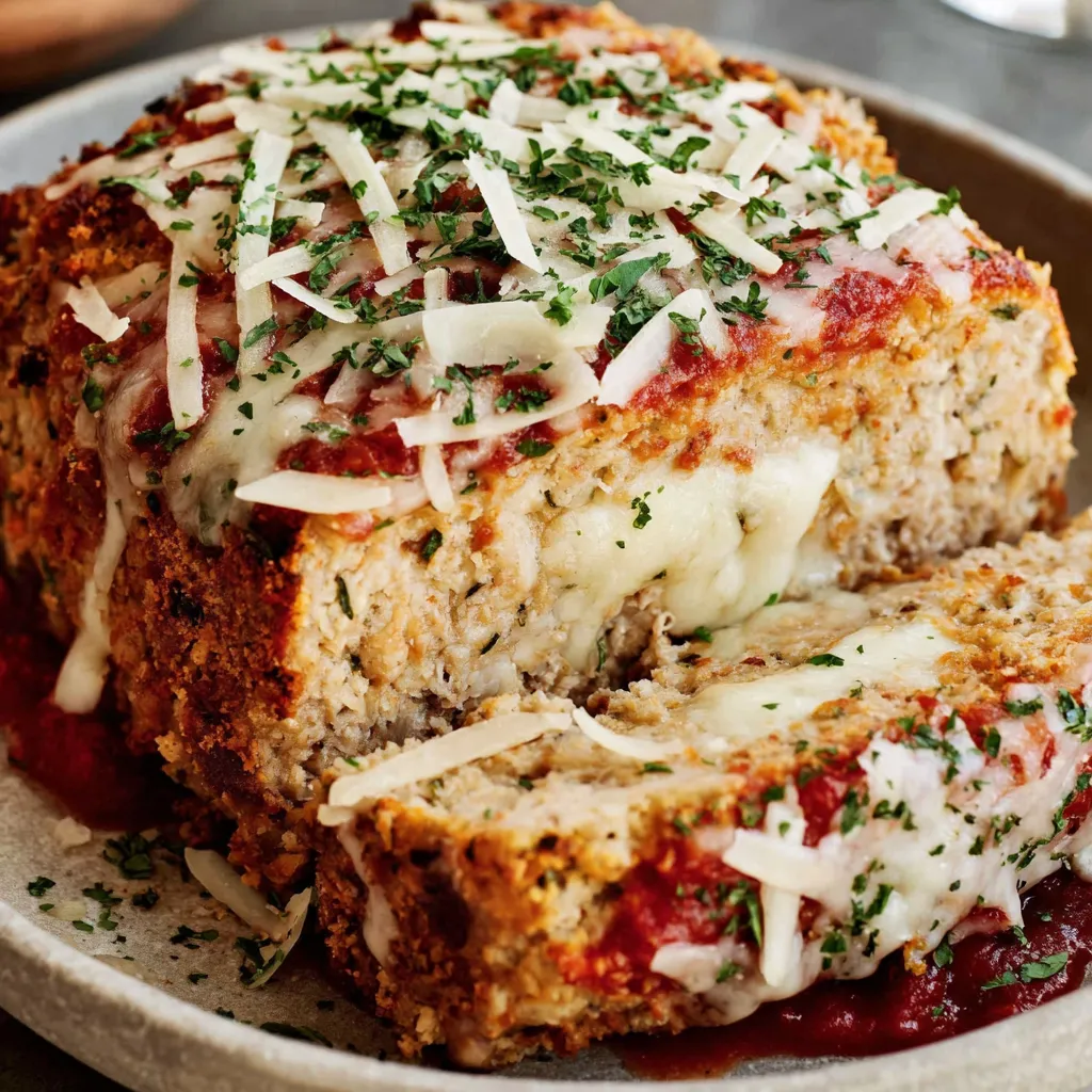 Close up of golden panko crust on chicken meatloaf with marinara