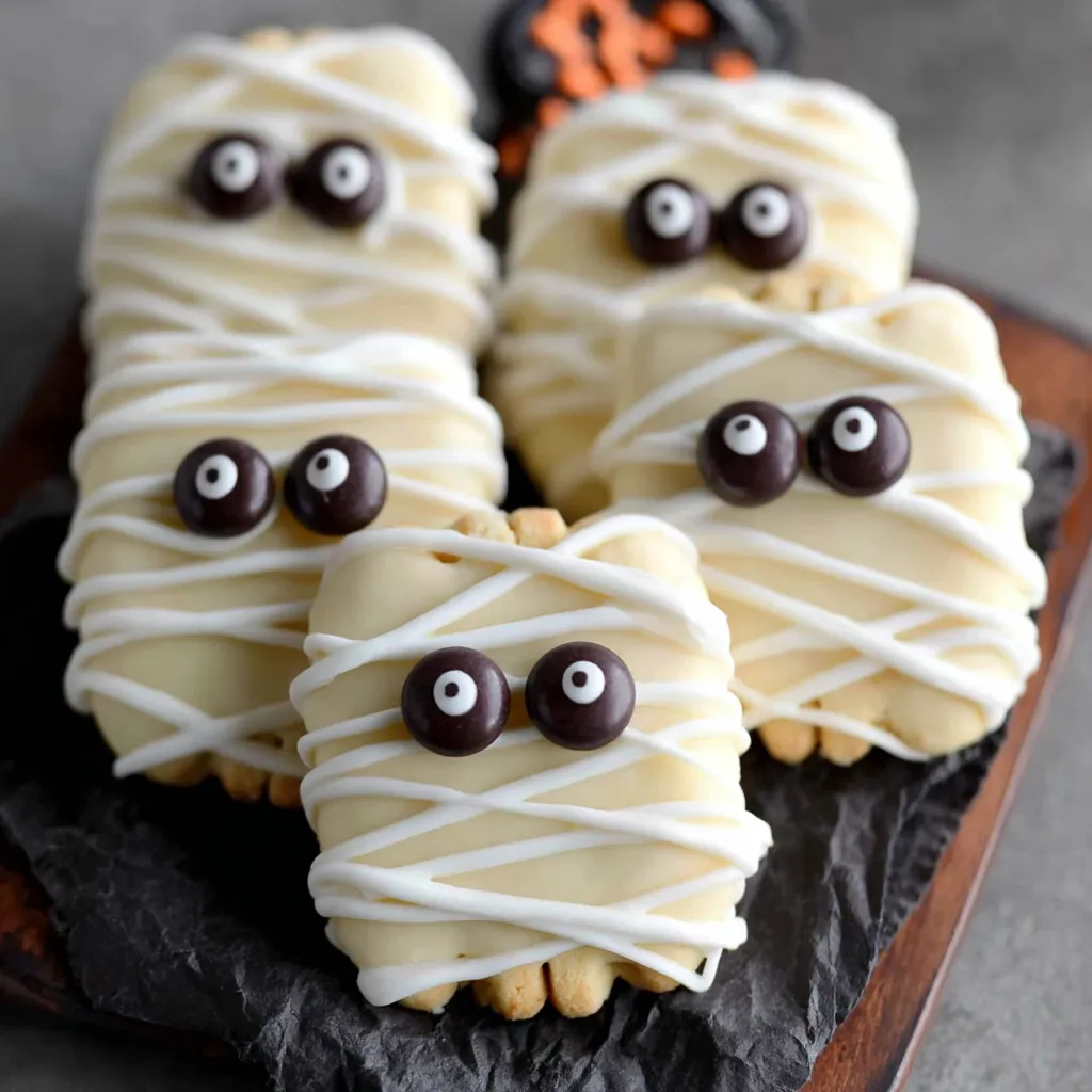 Decorating Mummy Halloween Cookies with white drizzle and mini M&M eyes