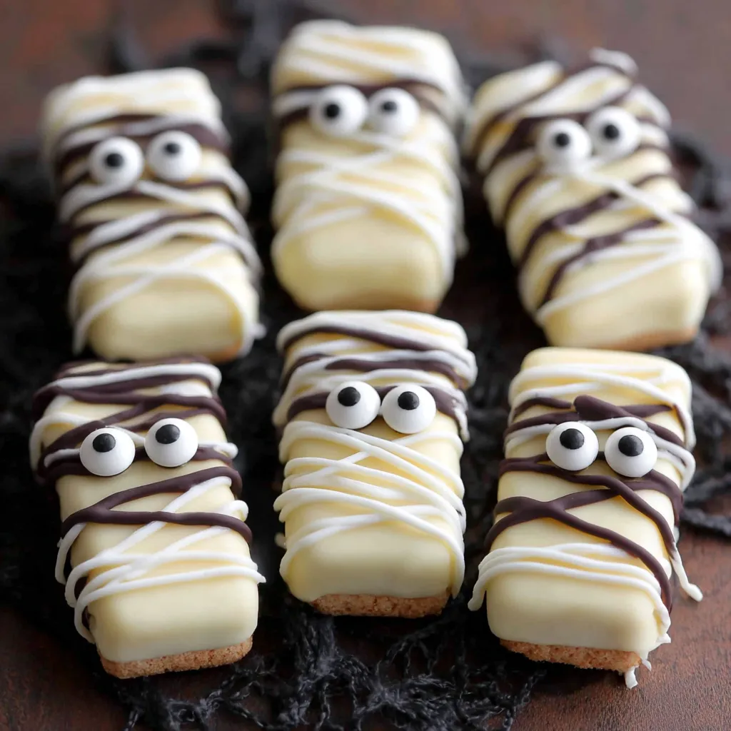Close-up of mummy cookie showing texture of white drizzle and candy eyes