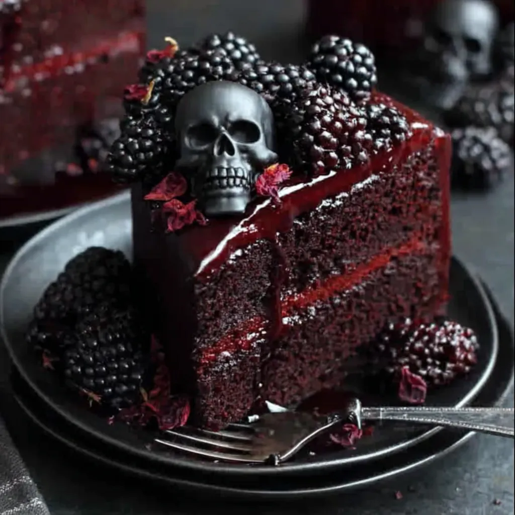 Slice of black velvet cake with blackberry compote on a plate