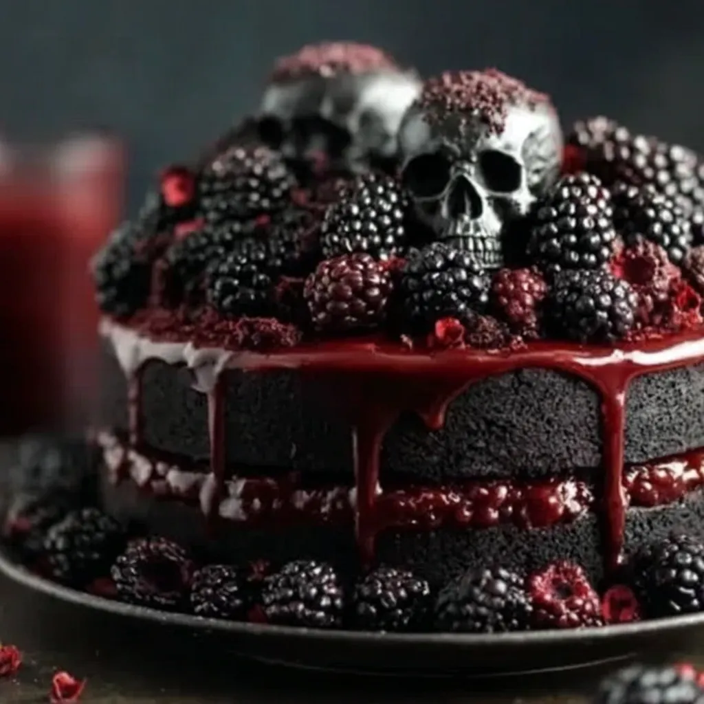Decorating a black velvet Halloween cake with chocolate skulls and rose petals